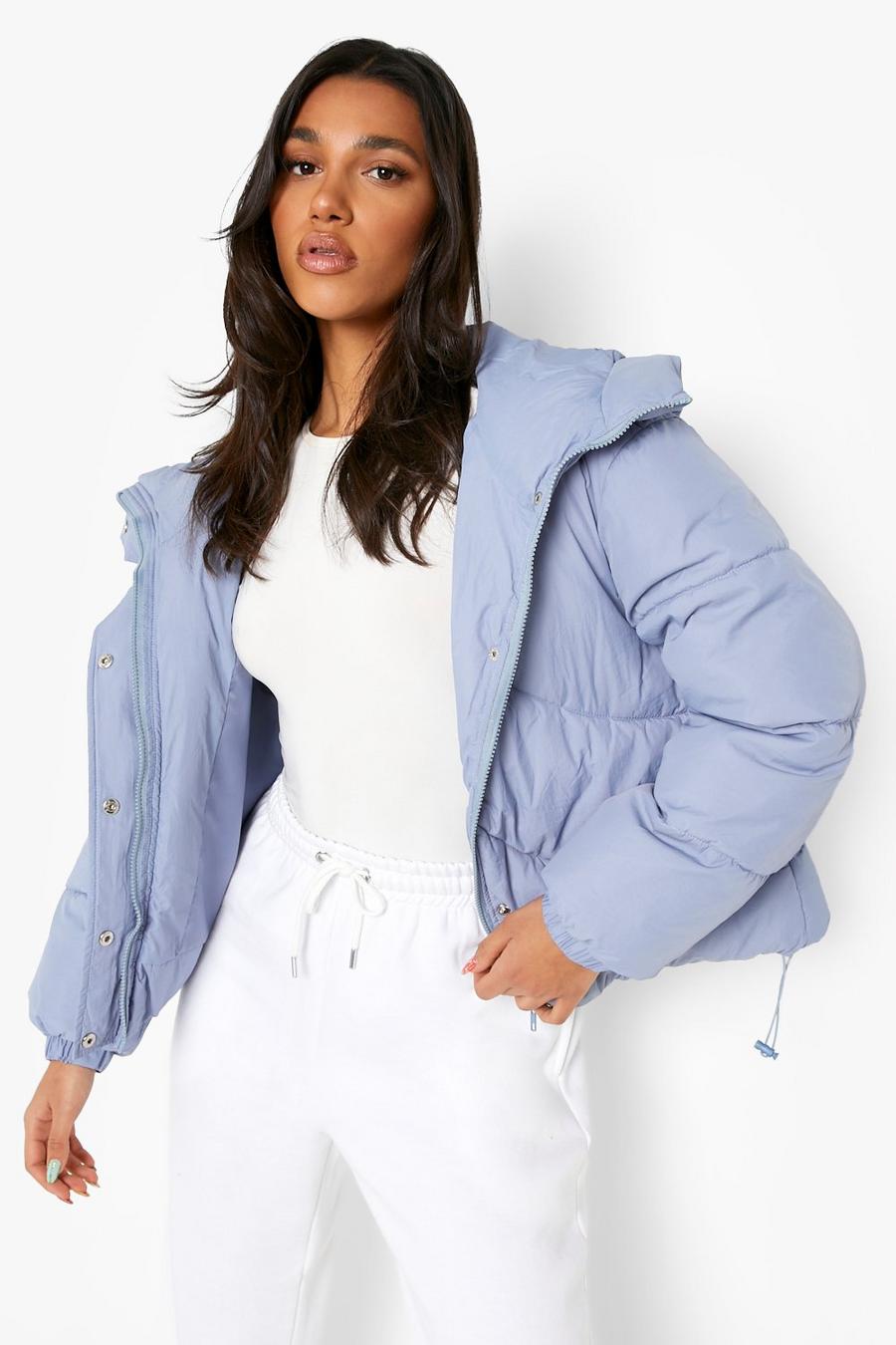 Dusty blue Quilt Detail Hooded Puffer