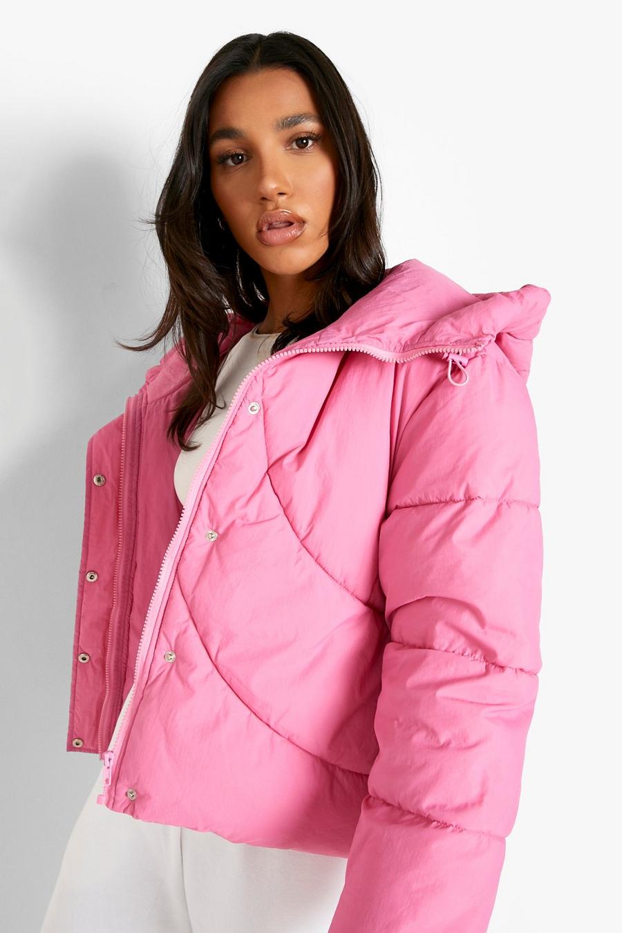 Hot pink Quilt Detail Hooded Puffer image number 1