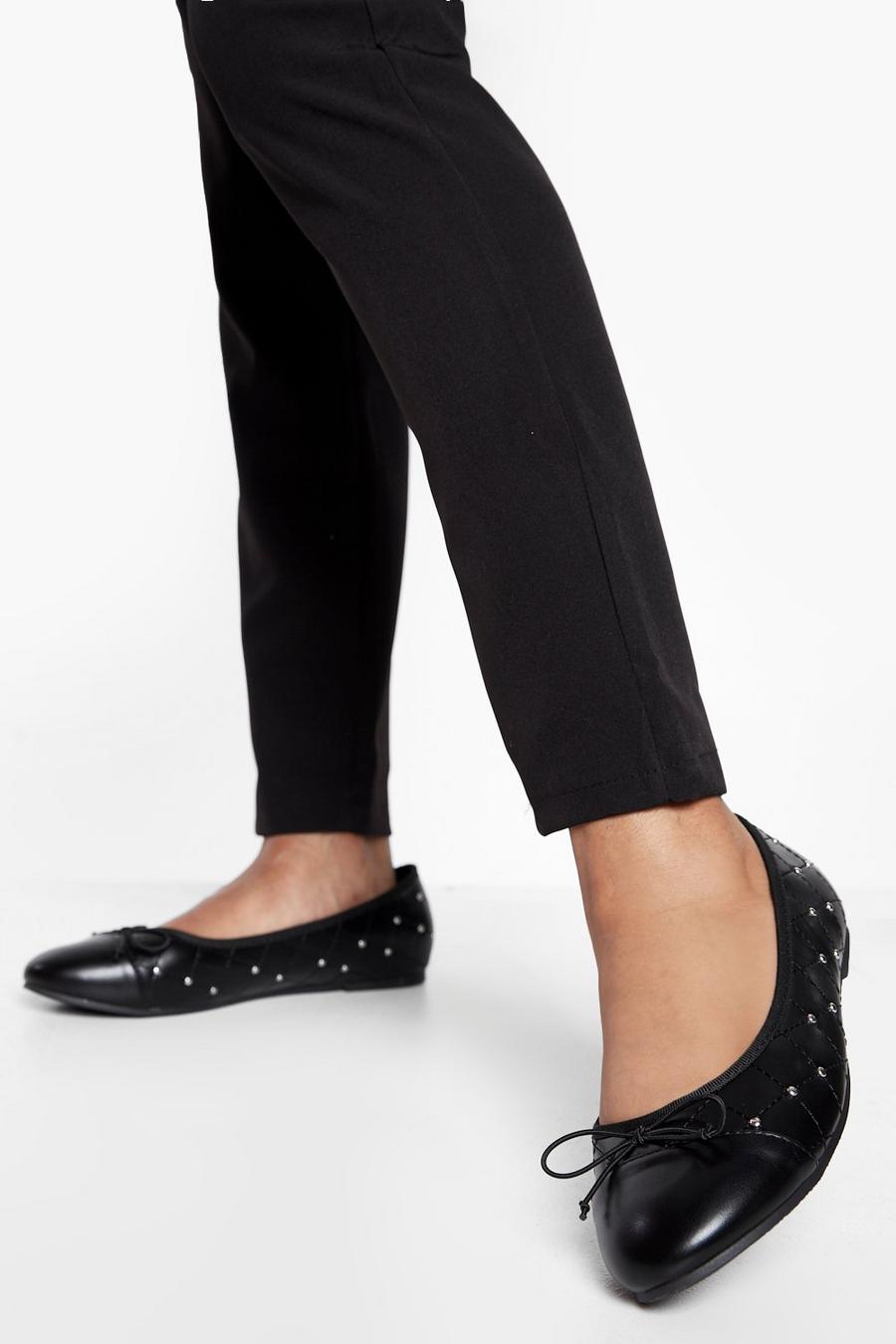 Black Quilted Studded Round Toe Ballet Flats image number 1
