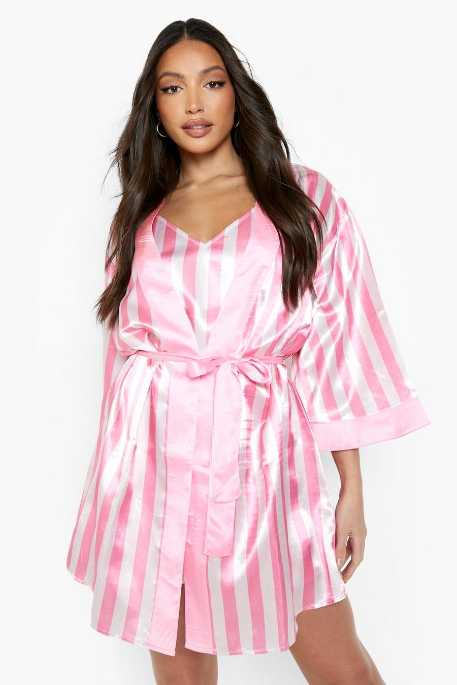 Kimono Tall in raso a righe, Pink image number 1