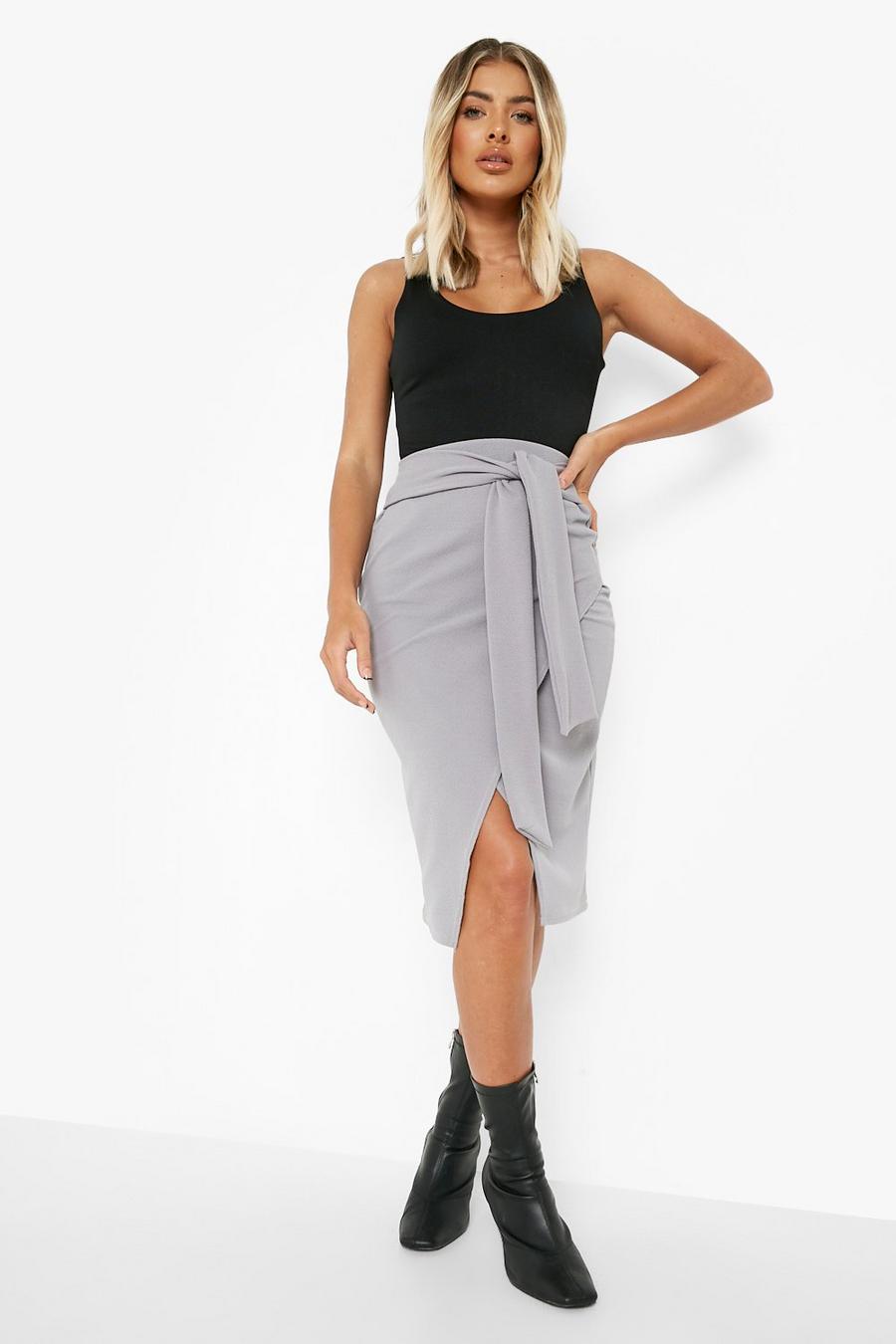 Grey Belted Wrap Crepe Midi Skirt image number 1