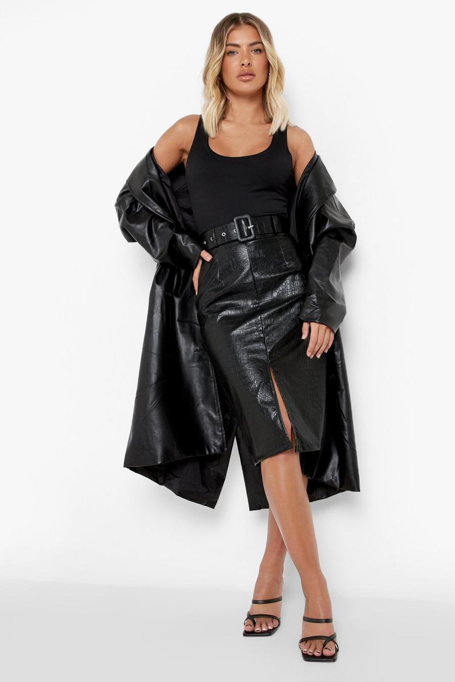 Falda midi de cuero sintético con abertura y cinturón con acabado de cocodrilo, Black croc image number 1