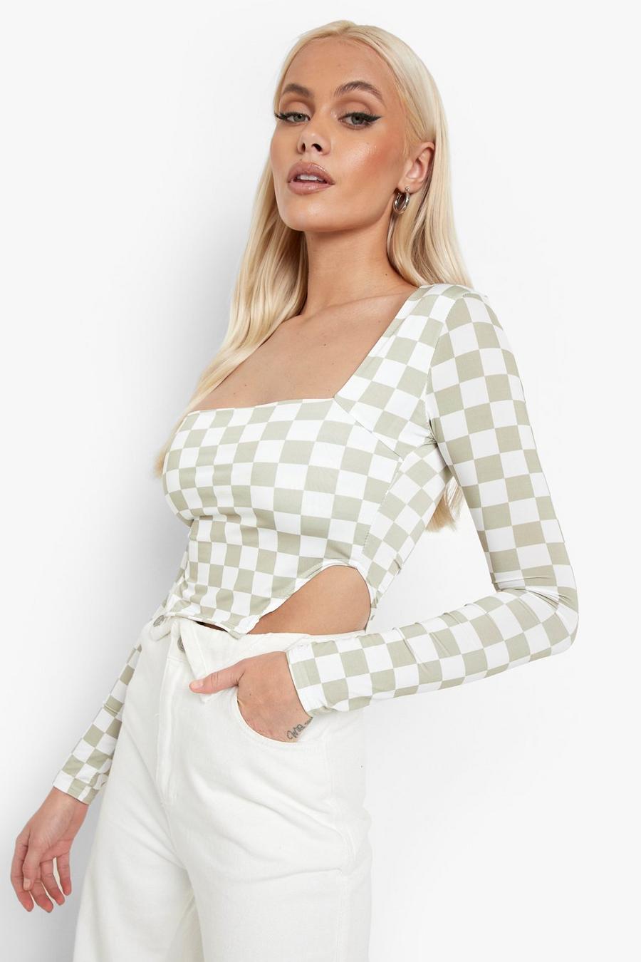 Stone Checkerboard Square Neck Top image number 1
