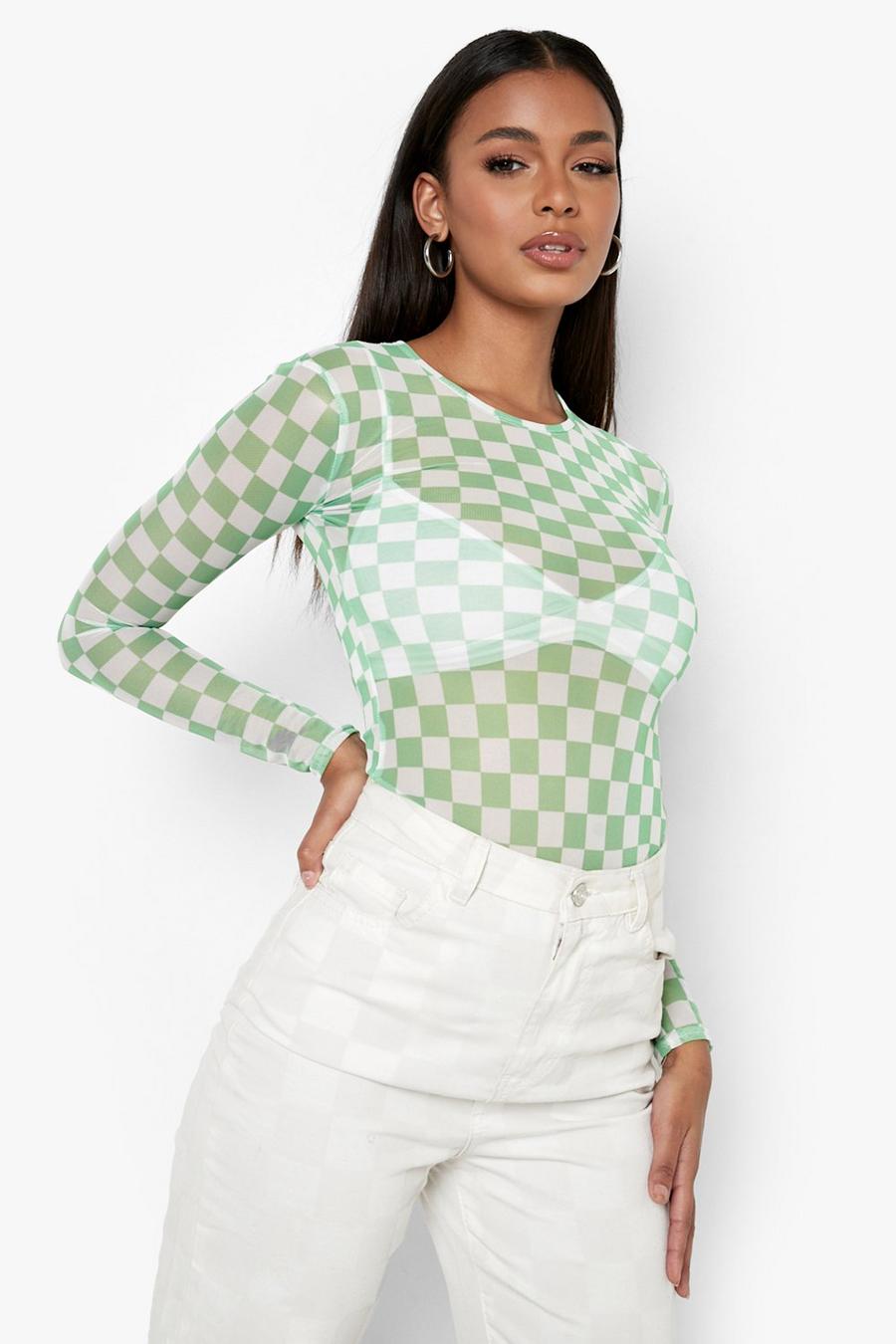 Bright green Mesh Checkerboard Long Sleeve Bodysuit image number 1