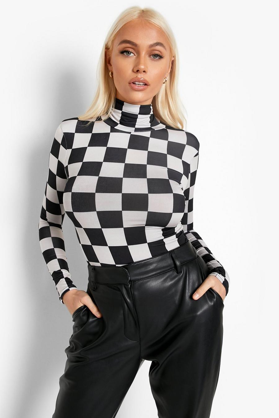 Black Roll Neck Checkerboard Bodysuit image number 1