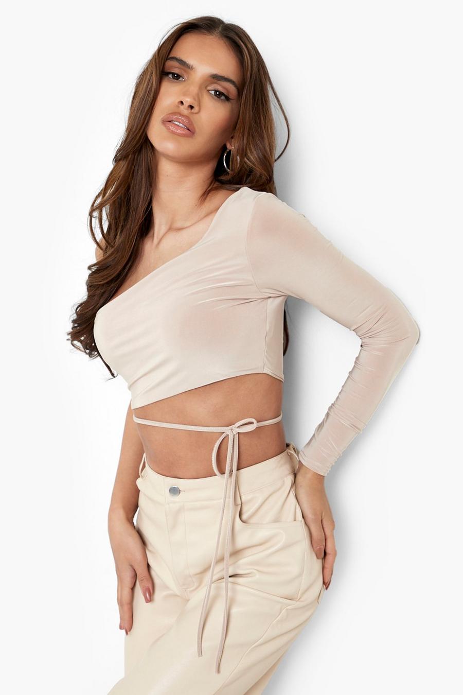Doppellagiges Crop Top mit Taillenband, Stone image number 1