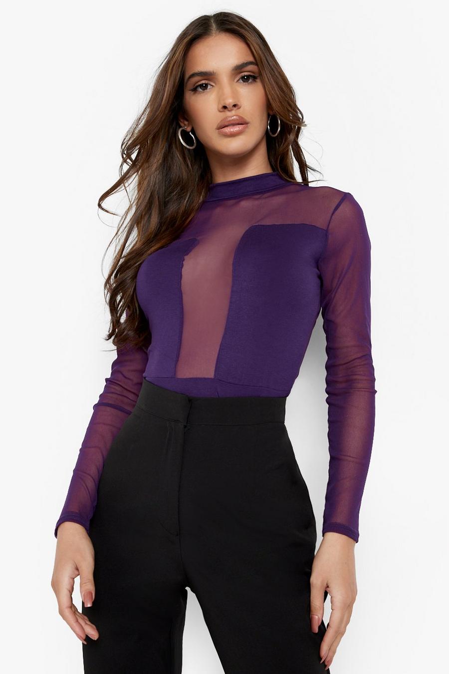 Purple Mesh Long Sleeve Bodysuit