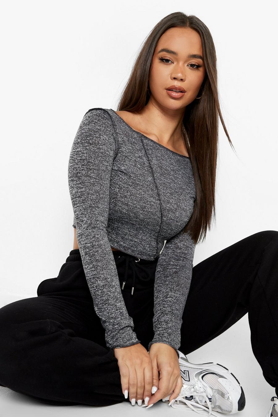 Charcoal Exposed Seam Long Sleeve Crop Top image number 1