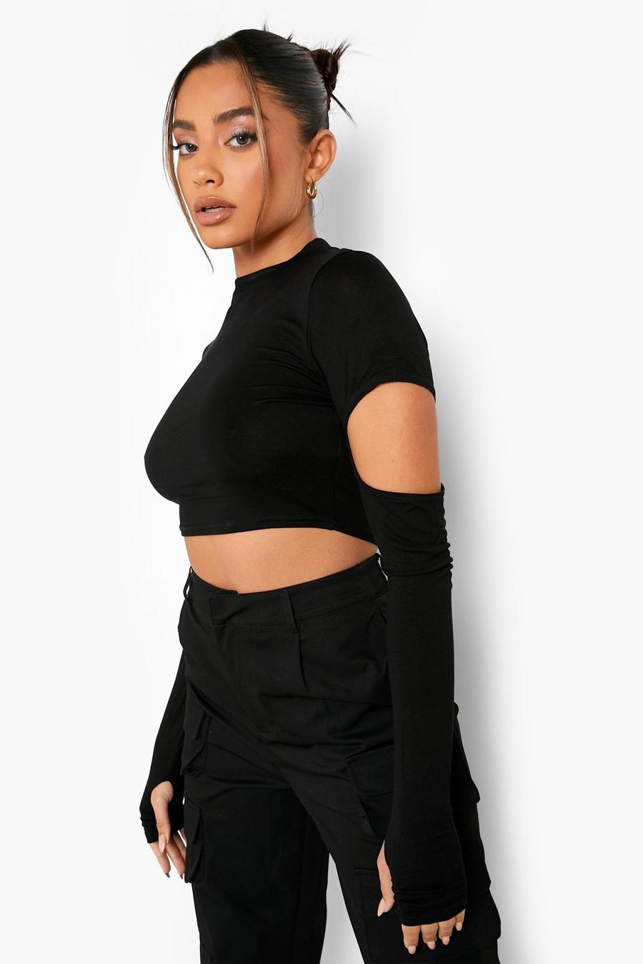 Black Cut Out Long Sleeve High Neck Crop Top image number 1