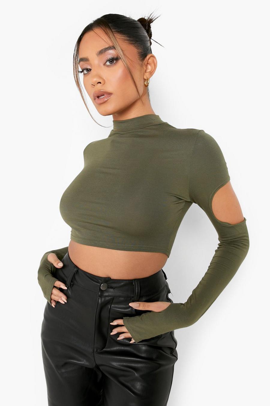 Khaki Cut Out Long Sleeve High Neck Crop Top image number 1