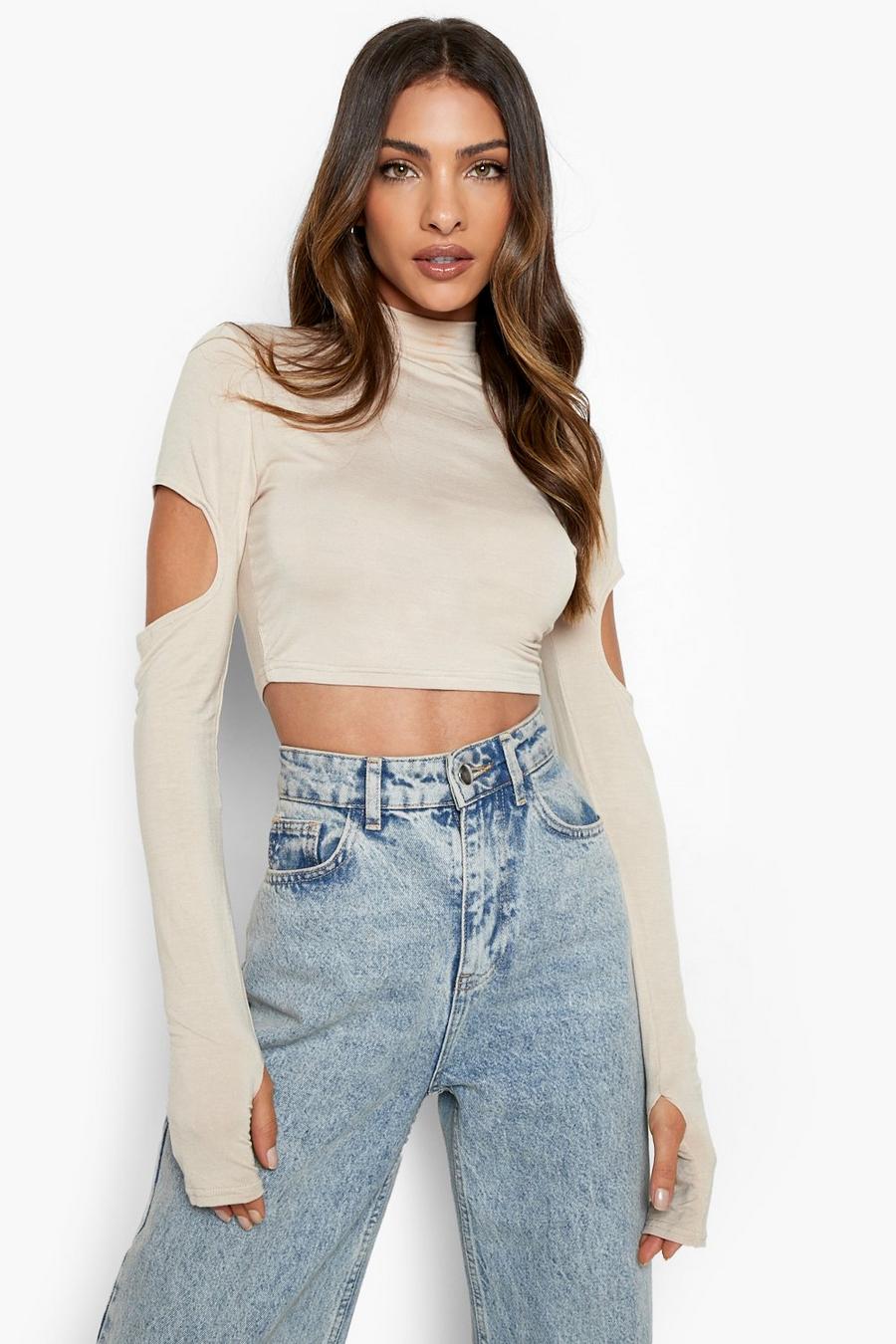 Stone Cut Out Long Sleeve High Neck Crop Top image number 1