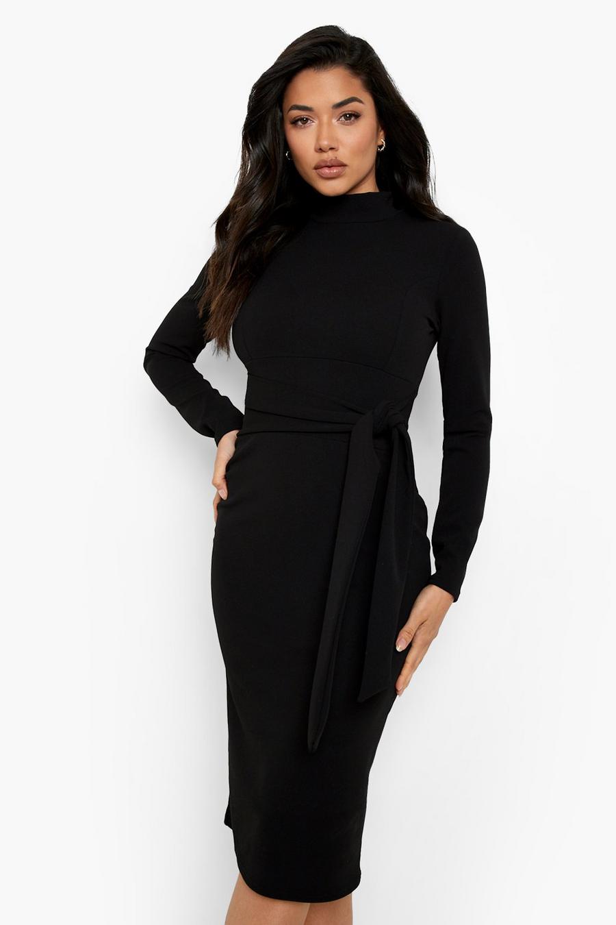 Black High Neck Tie Waist Fitted Midi Dress image number 1