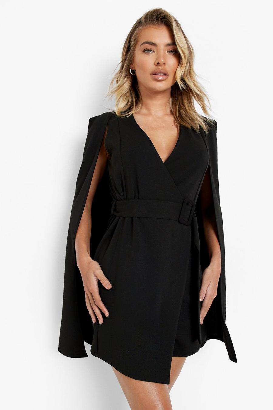 Black Cape Sleeve Belted Mini Blazer Dress