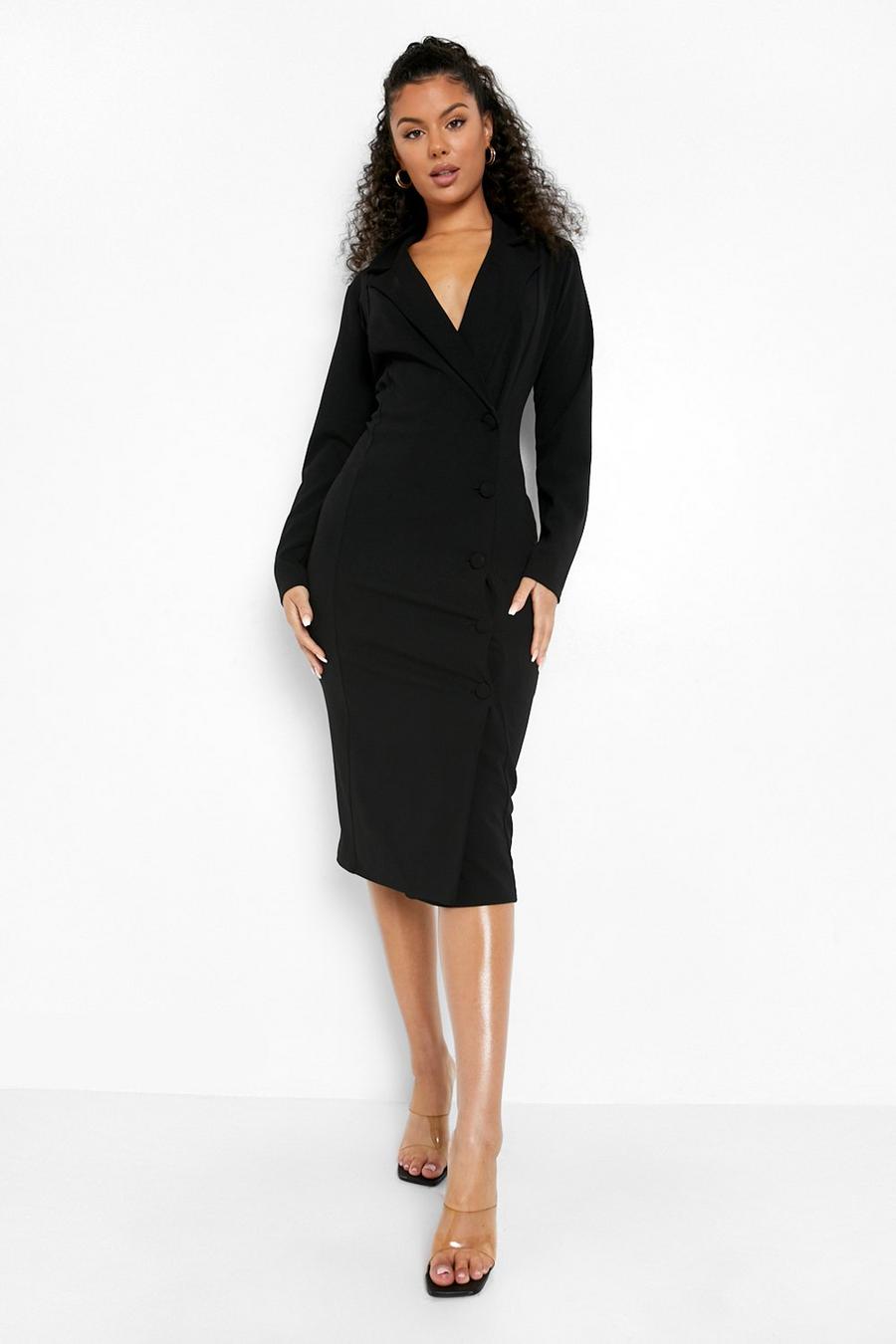 Black Wrap Fitted Midi Blazer Dress image number 1