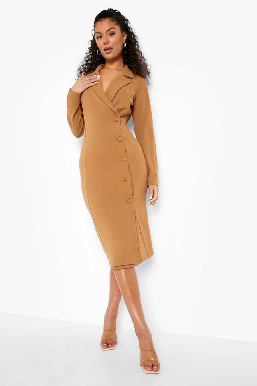 Camel Wrap Fitted Midi Blazer Dress image number 1