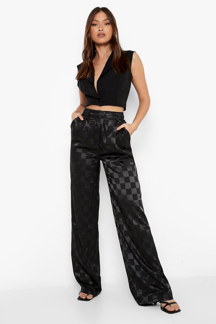 Black Checkerboard Satin Straight Leg Trousers image number 1
