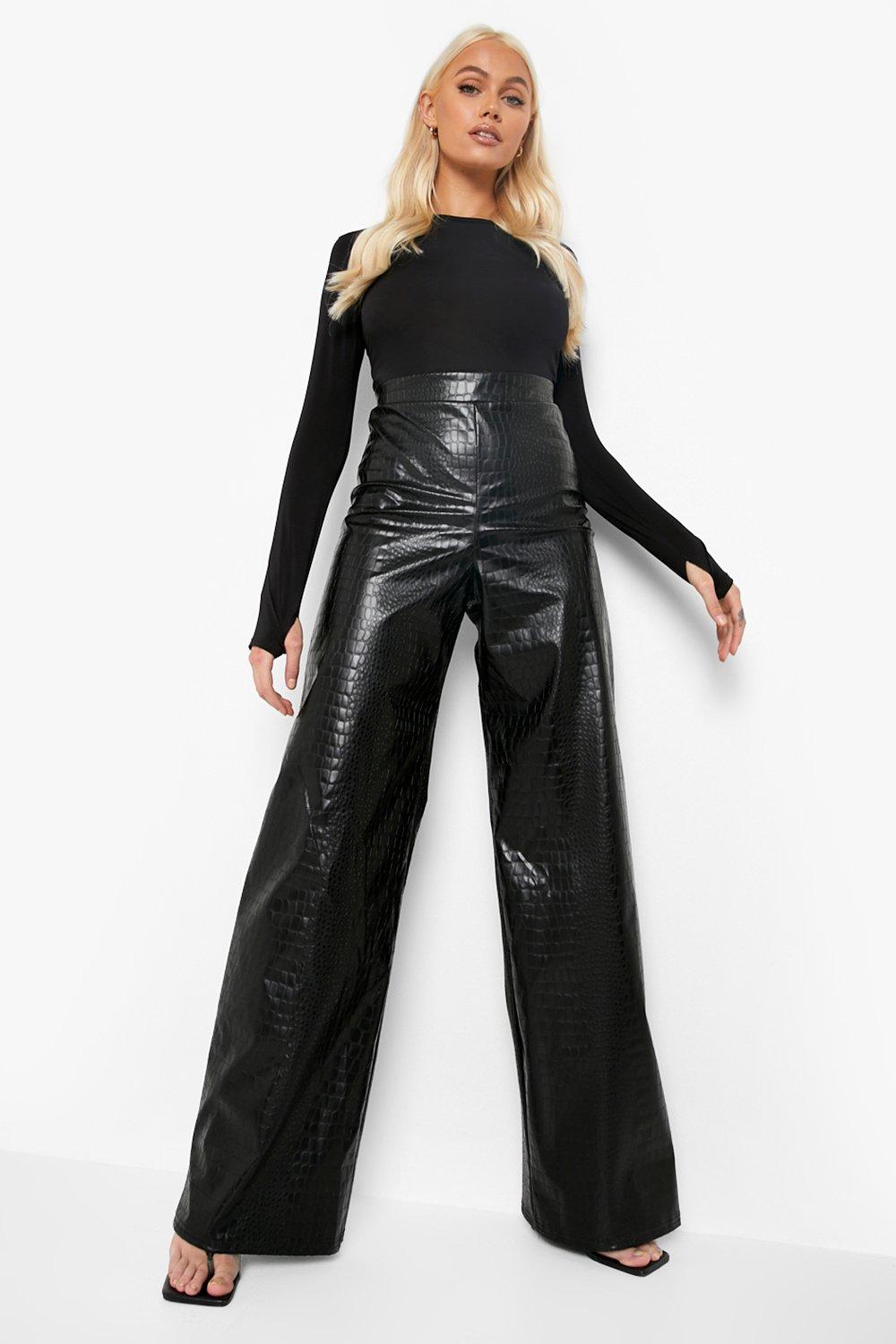 Black Wideleg Pants Faux Leather Croc High Waist