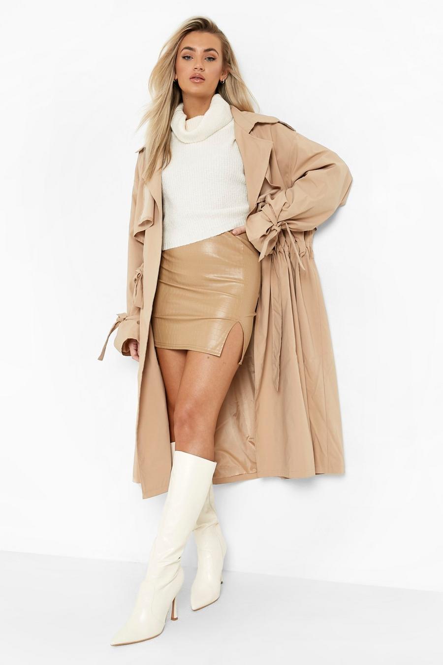 Camel beige Croc Pu Split Front Mini Skirt image number 1