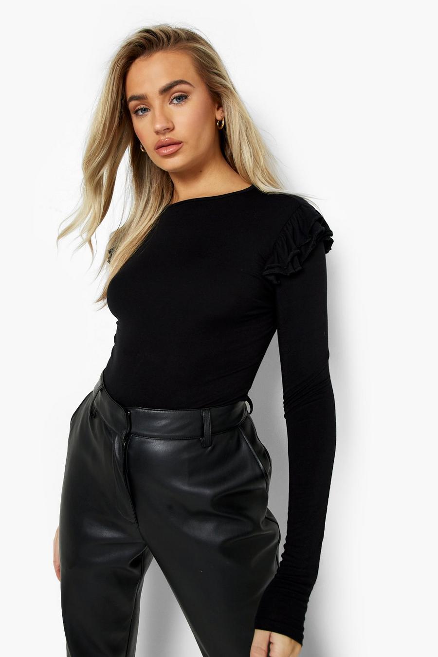 Black Frill Detail Long Sleeve Top image number 1