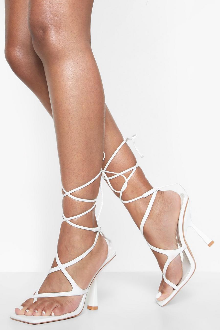 White Strappy Square Toe Wrap Up Heel