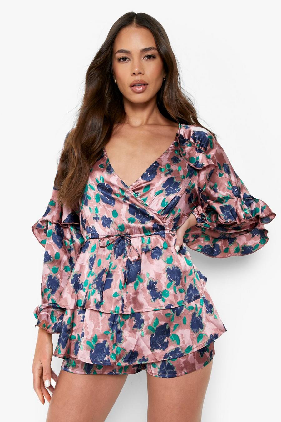 Rose Floral Print Ruffle Layered Playsuit image number 1