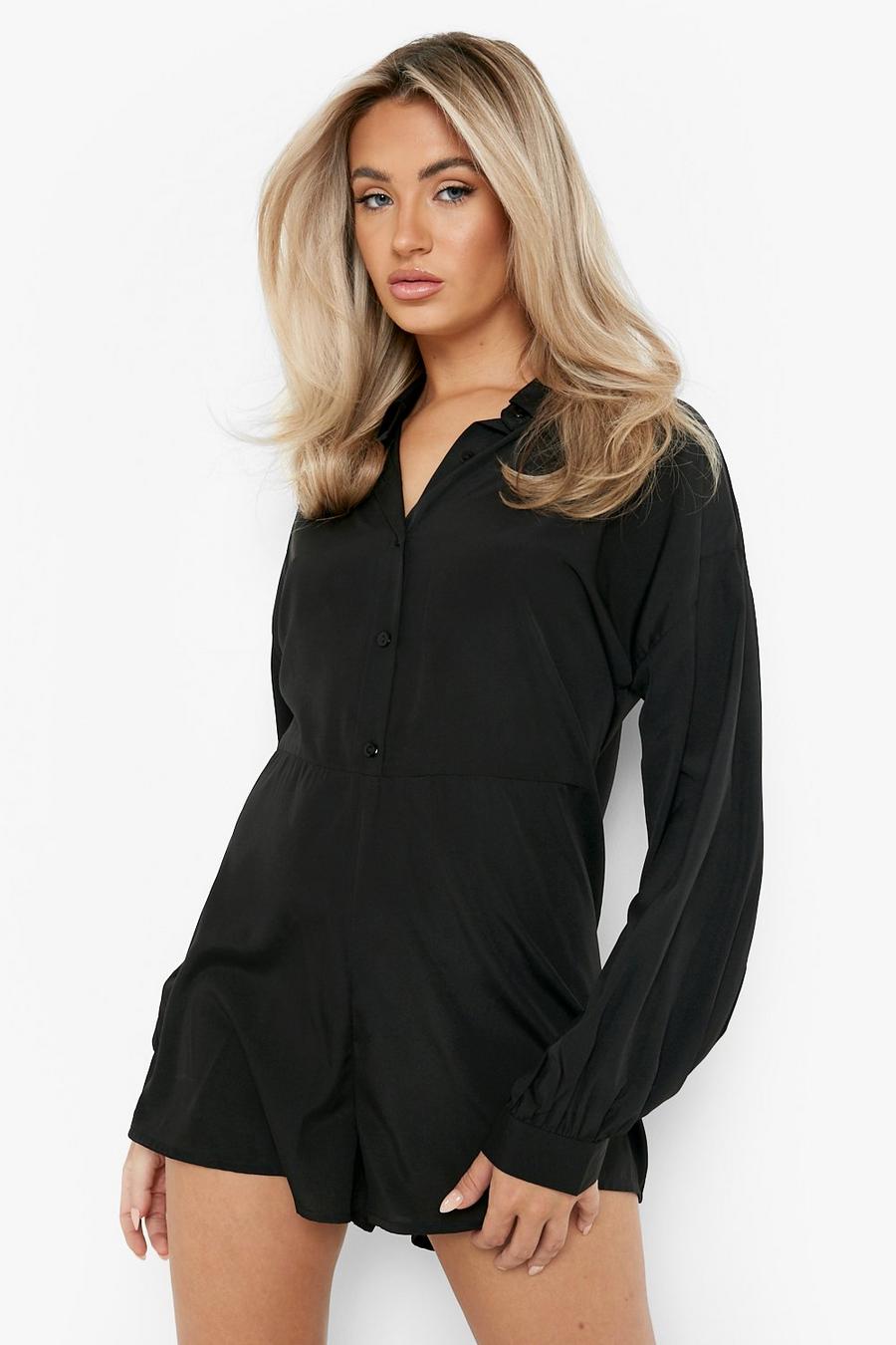 Black Button Down Oversized Smock Playsuit image number 1