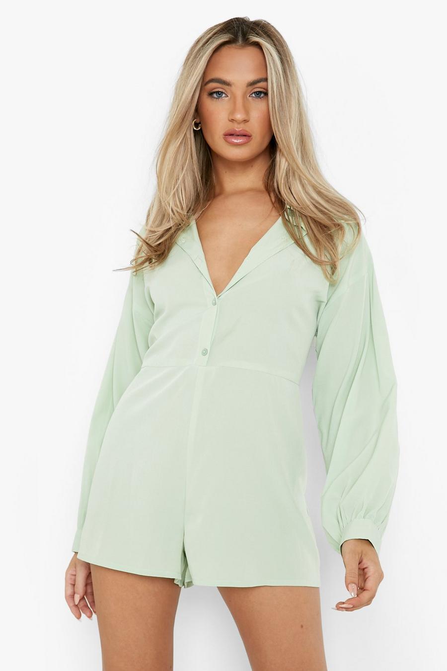Sage green Button Down Oversized Smock Romper