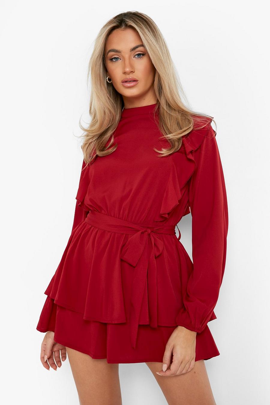 Berry High Neck Frill Detail Playsuit image number 1