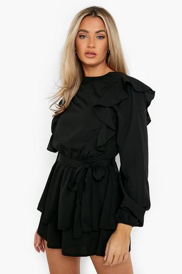 High Neck Frill Detail Playsuit black