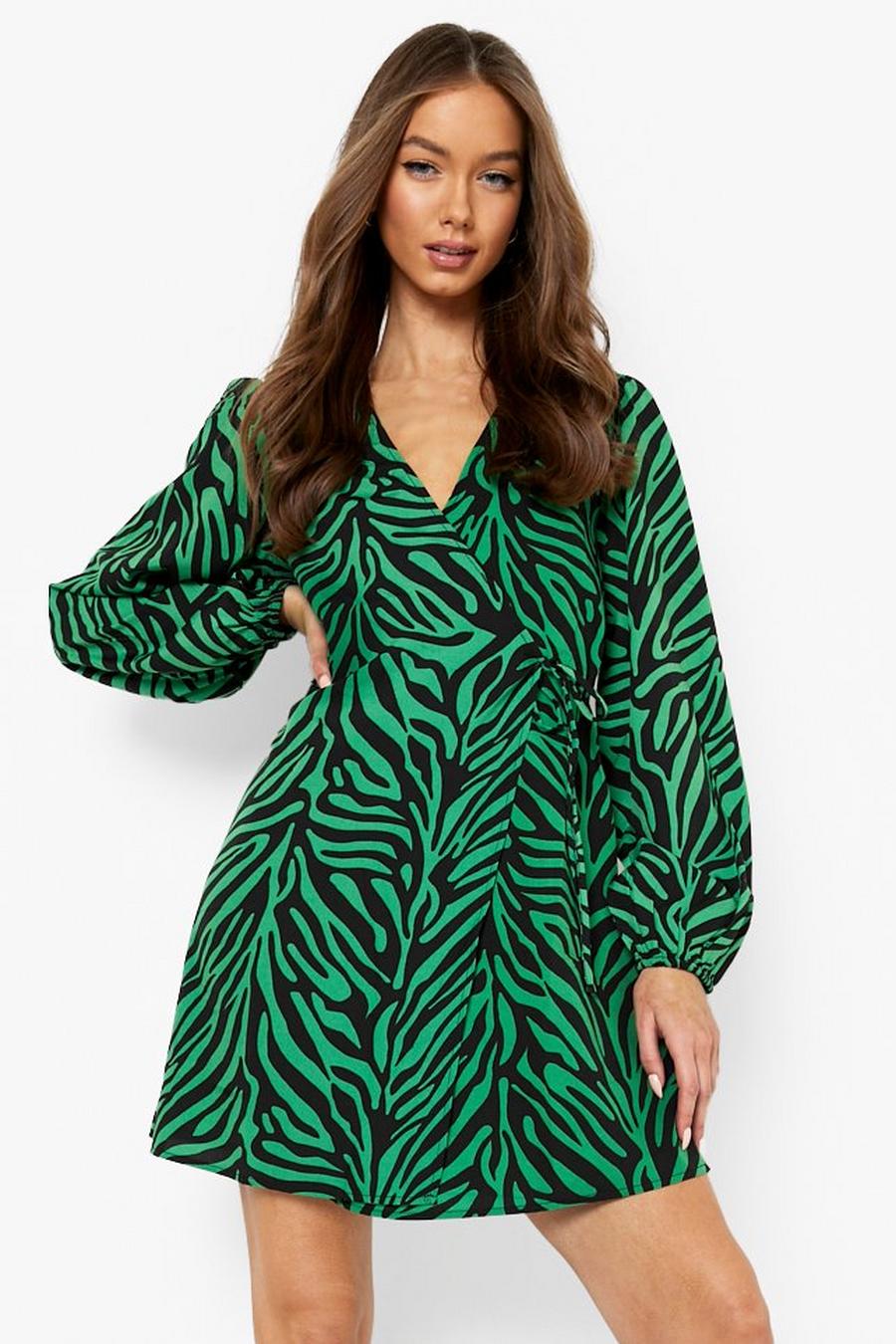 Green Zebra Print Balloon Sleeve Wrap Shift Dress image number 1