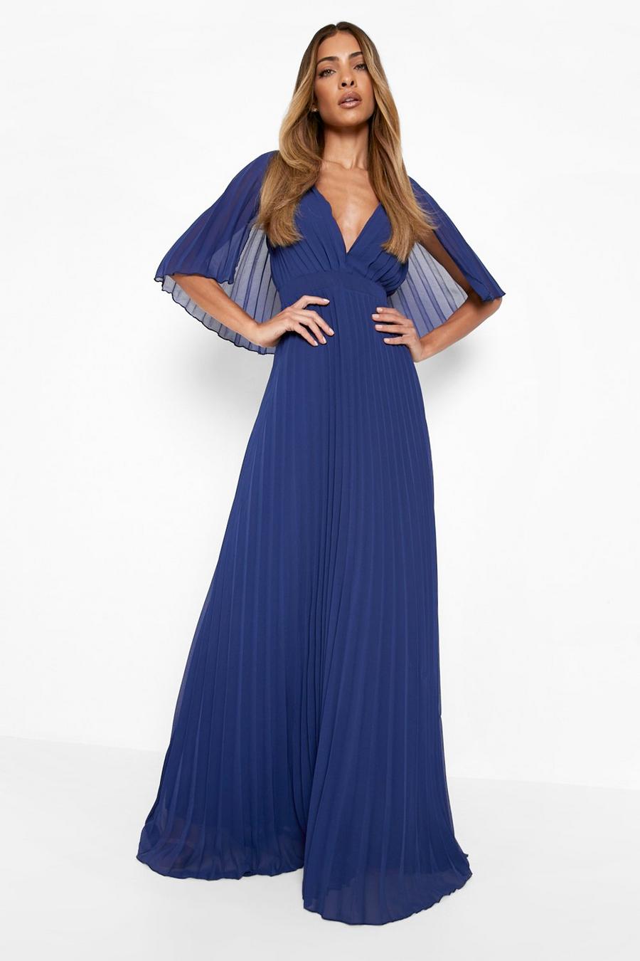 Navy blu oltremare Pleated Cape Detail Bridesmaid Maxi Dress