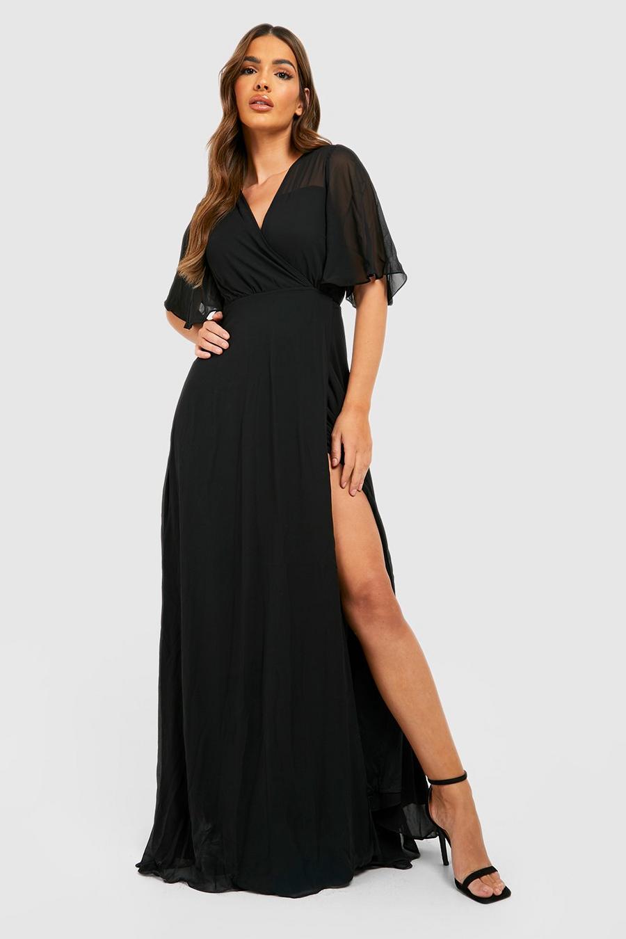 Black svart Chiffon Angel Sleeve Maxi Bridesmaid Dress
