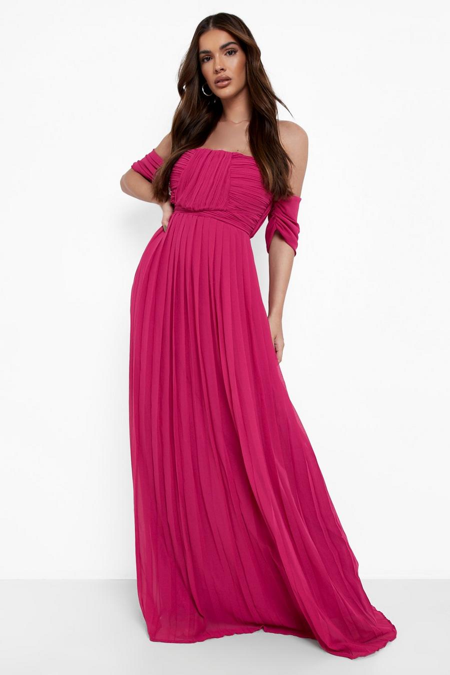 Berry Pleated Off The Shoulder Bridesmaid Maxi Dress image number 1