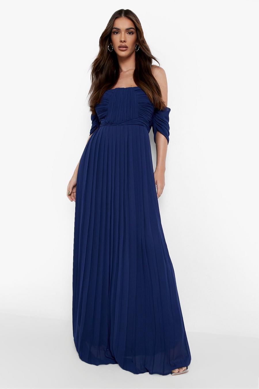 Navy Pleated Off The Shoulder Bridesmaid Maxi Dress image number 1