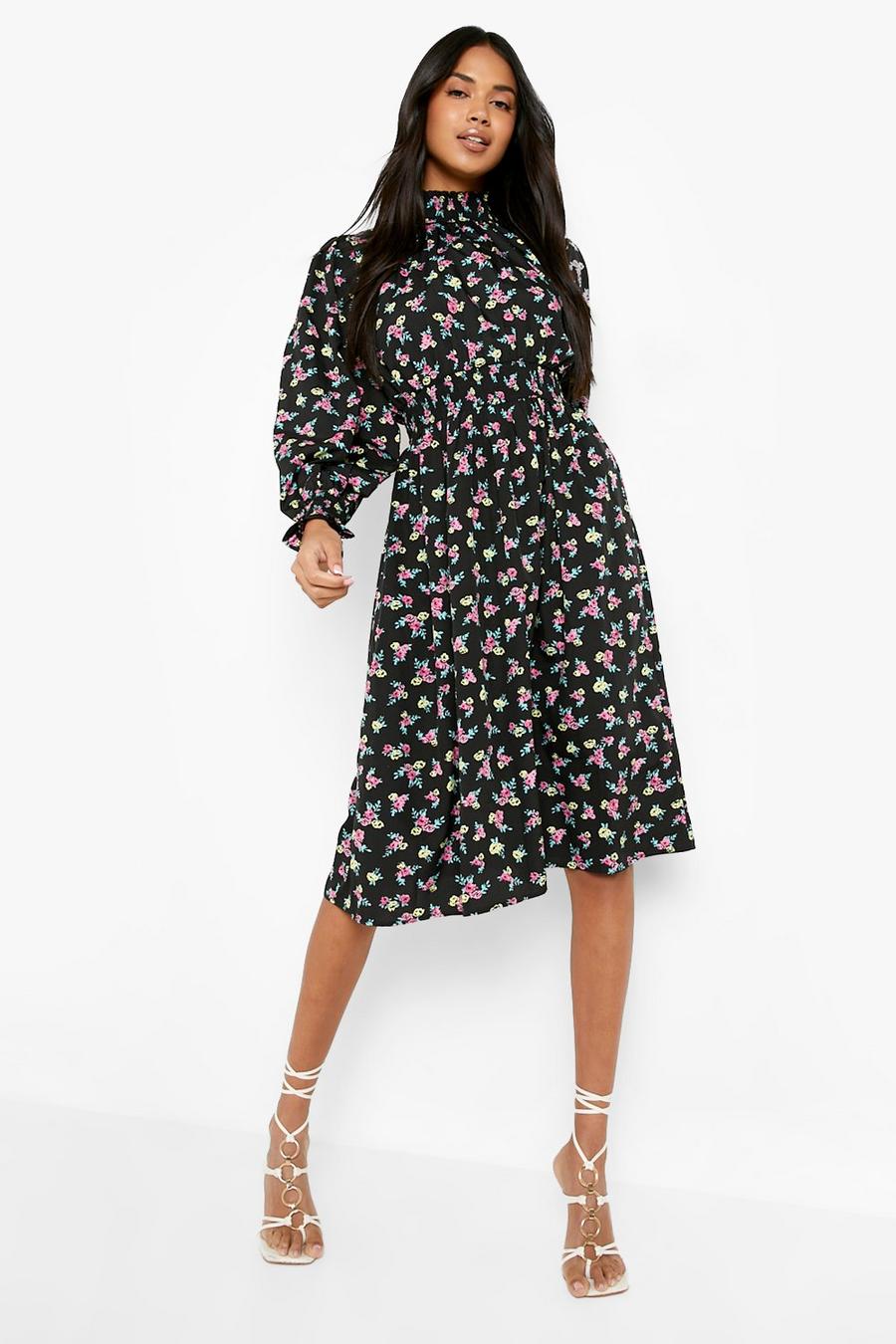 Women's Floral Shirred Neck Smock Midi Dress | Boohoo UK
