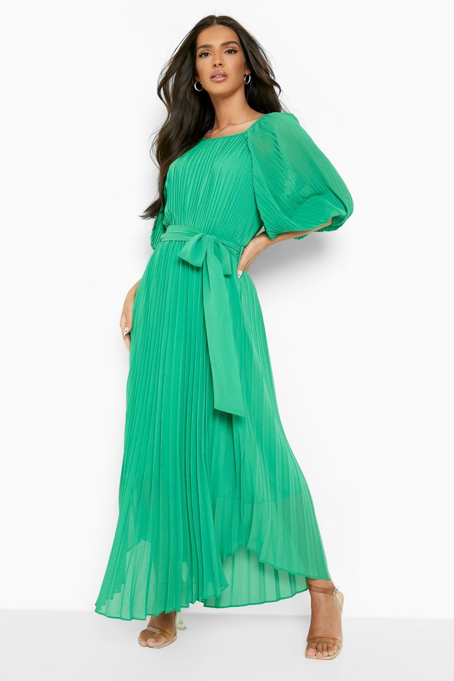 Green Pleated Puff Sleeve Midi Dress image number 1