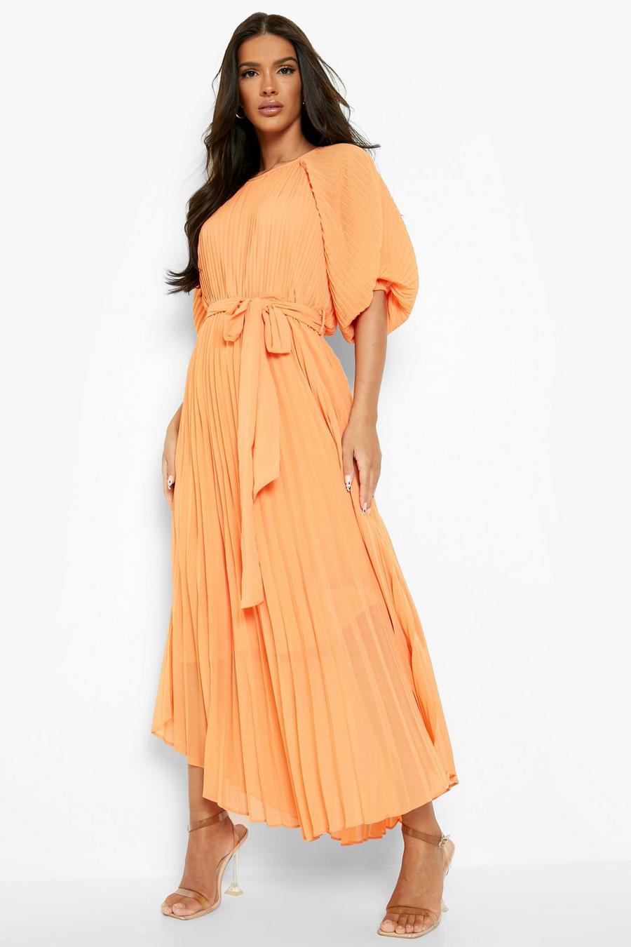 Orange Pleated Puff Sleeve Midi Dress image number 1