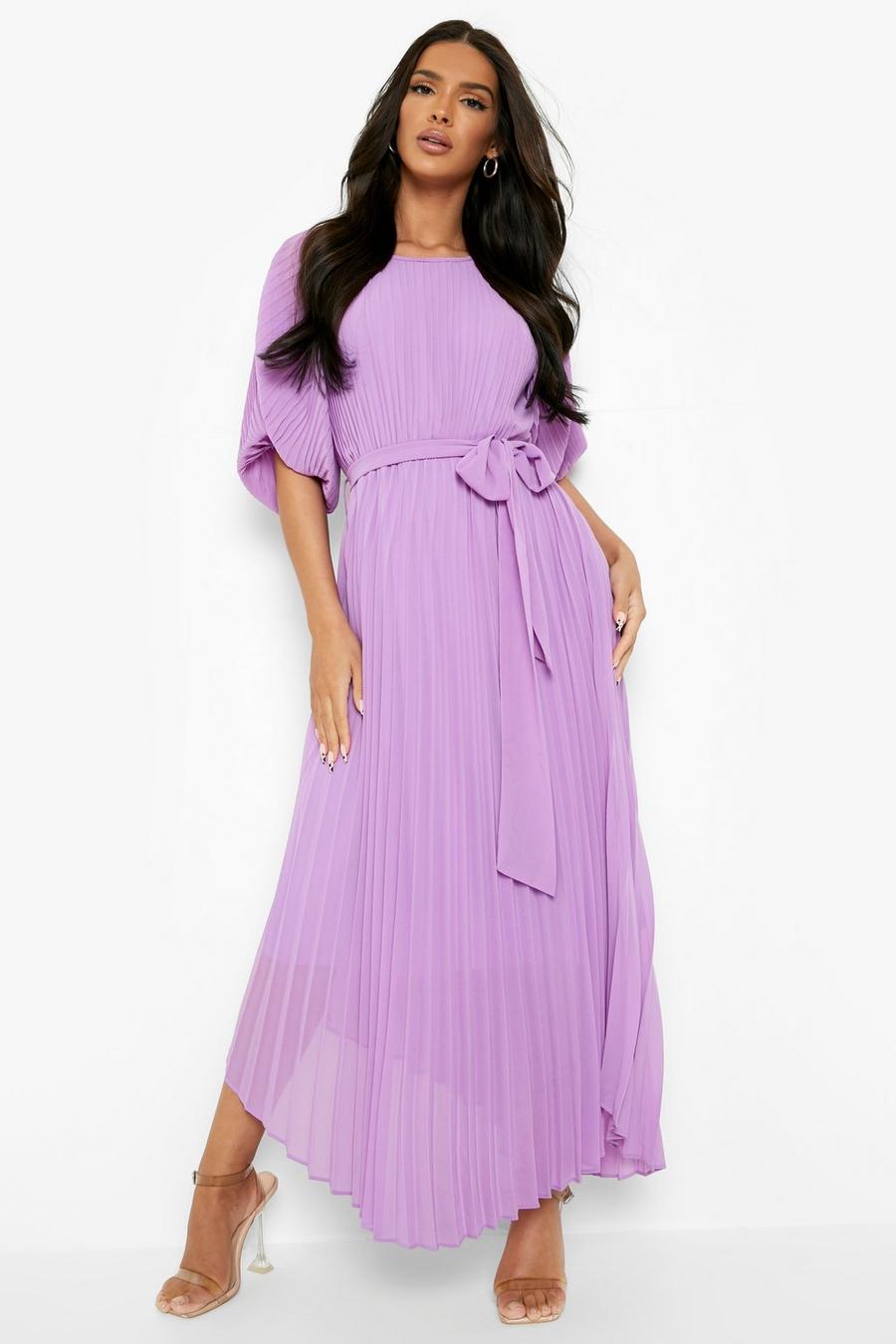 Purple Pleated Puff Sleeve Midi Dress image number 1