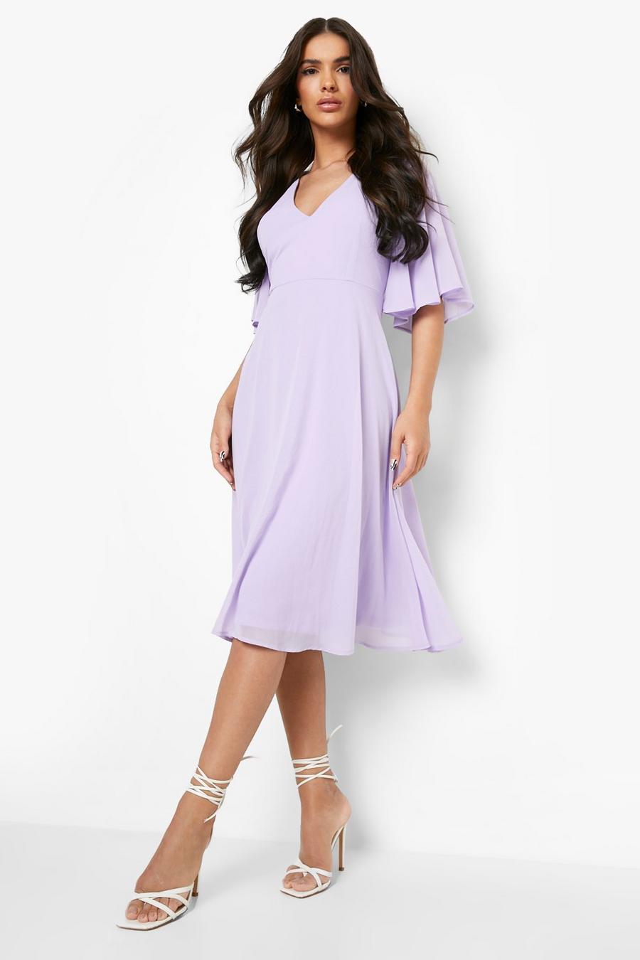 Lilac Chiffon Angel Sleeve Midi Bridesmaid Dress image number 1