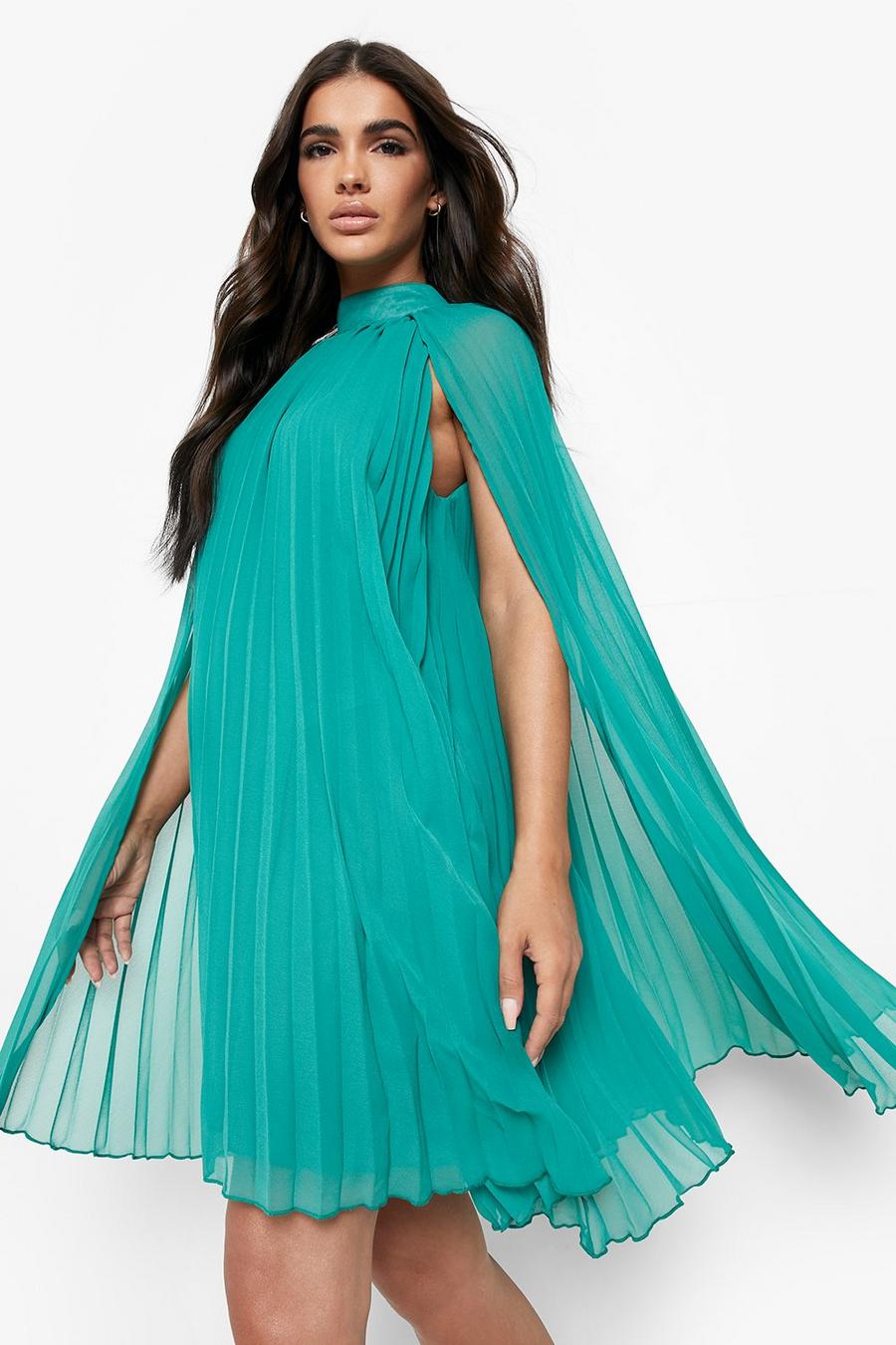 Green Pleated Cape Swing Dress image number 1