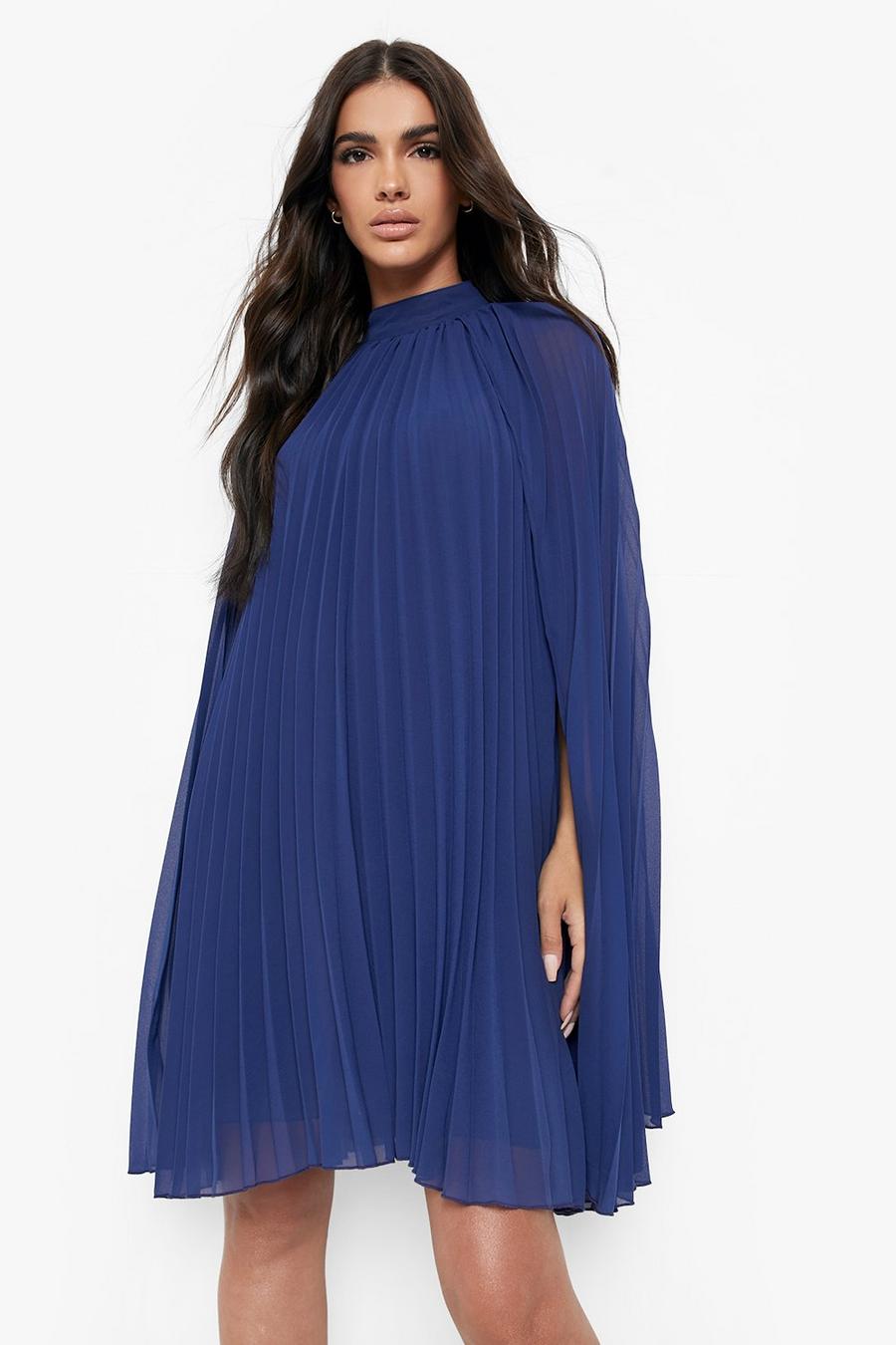 Navy Pleated Cape Swing Dress image number 1