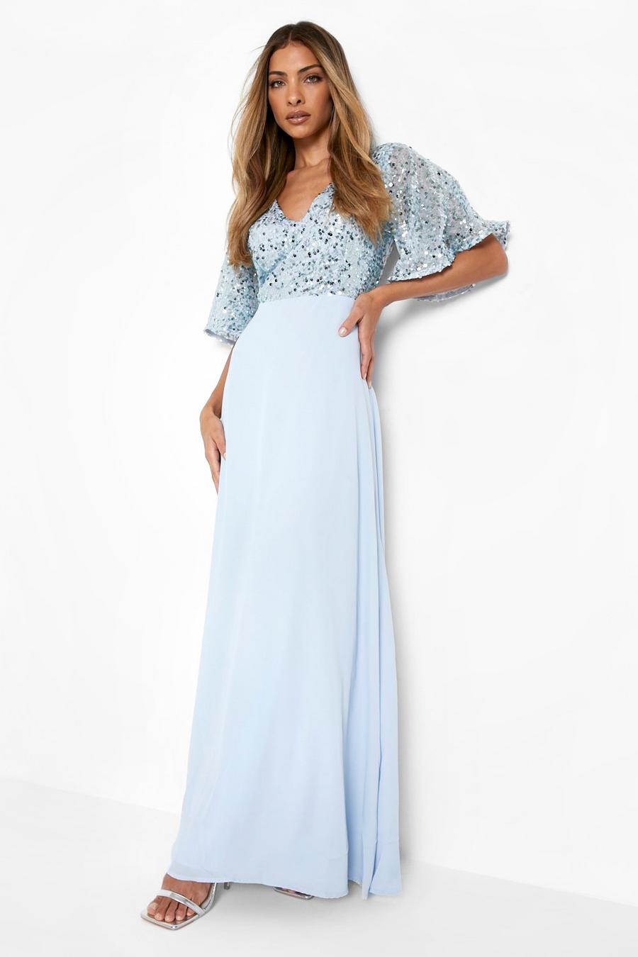 Baby blue blå Bridesmaid Occasion Sequin Bodice Angel Maxi