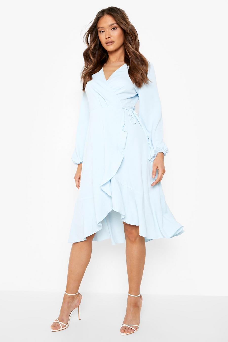Baby blue Woven Ruffle Wrap Midi Skater Dress image number 1