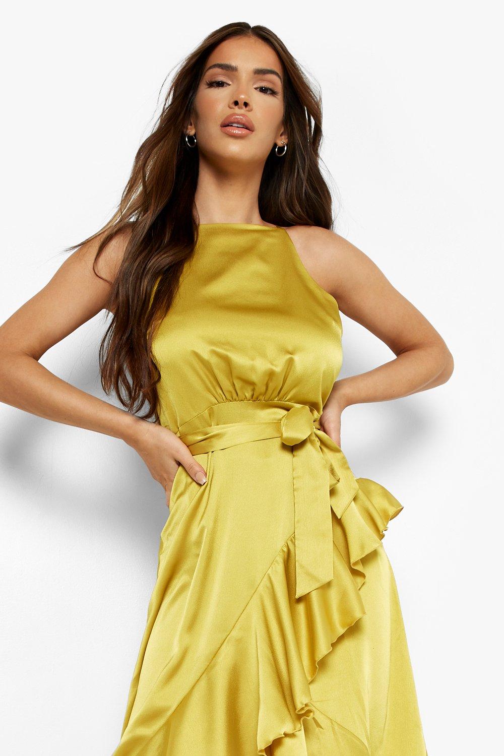 Satin frill 2025 wrap midi dress