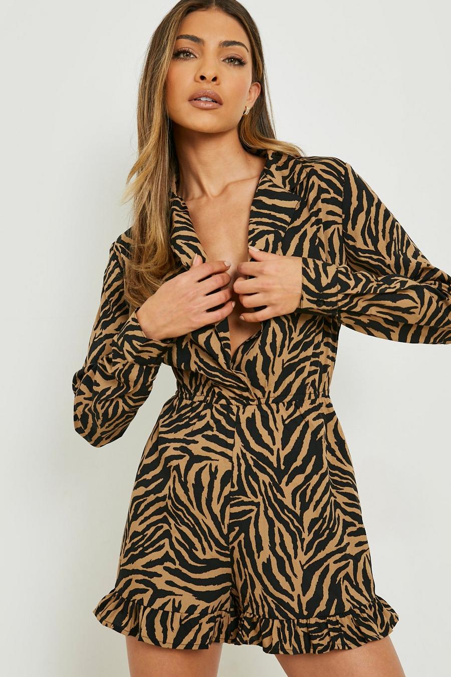 Chocolate Zebra Button Down Shirt Playsuit image number 1
