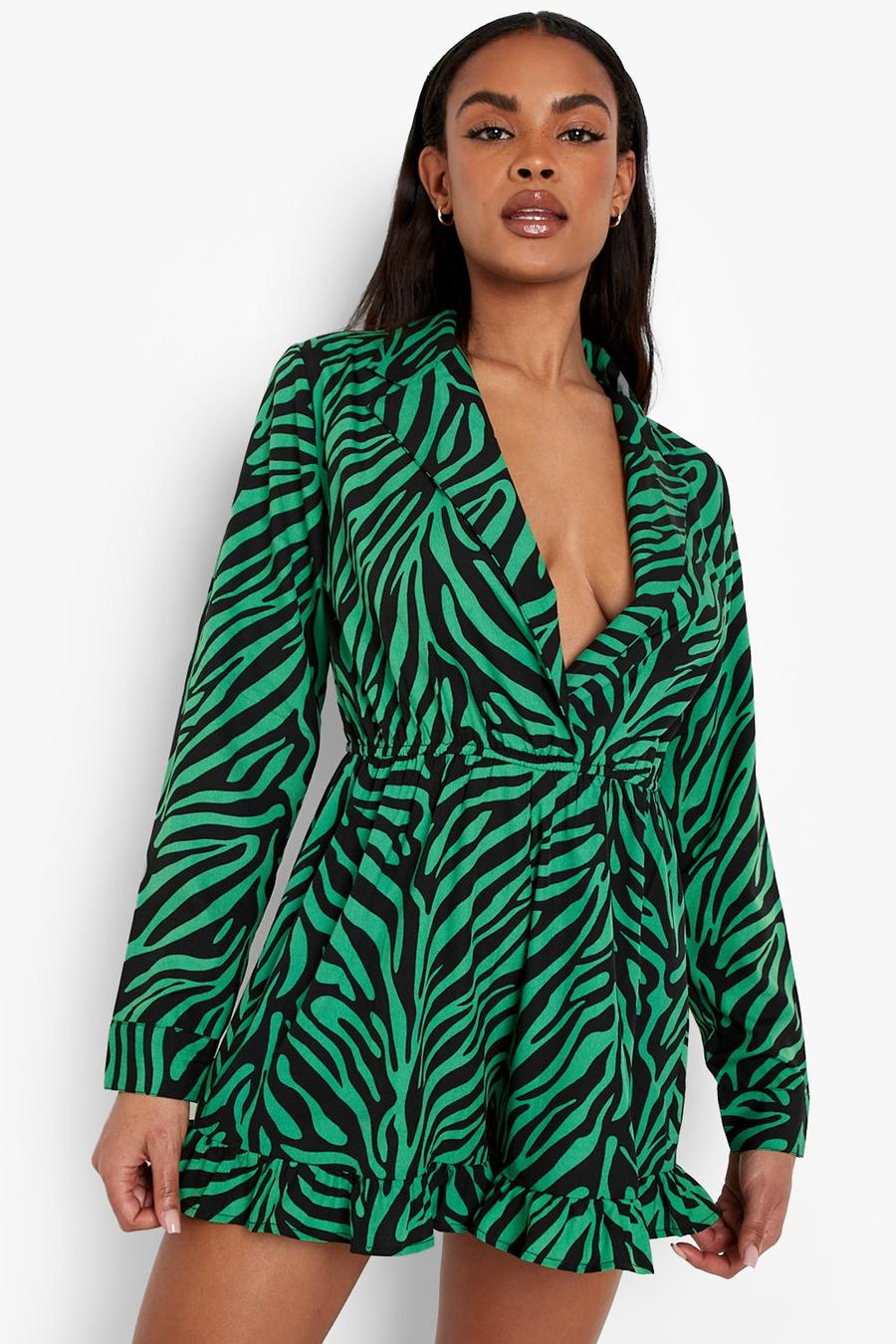 Green grön Zebra Button Down Shirt Playsuit