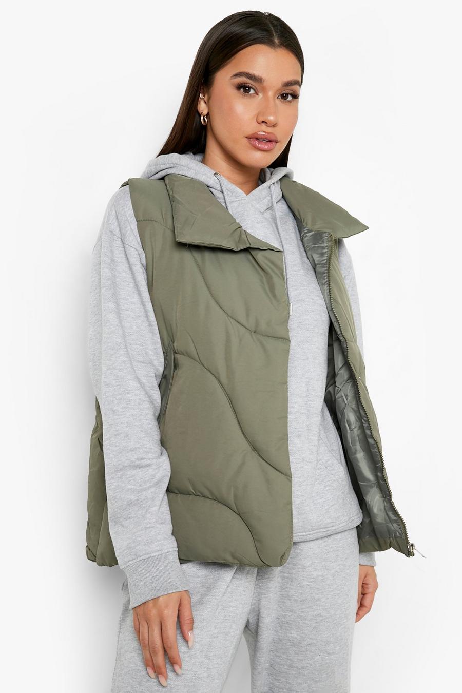 Khaki Funnel Neck Quilted Gilet