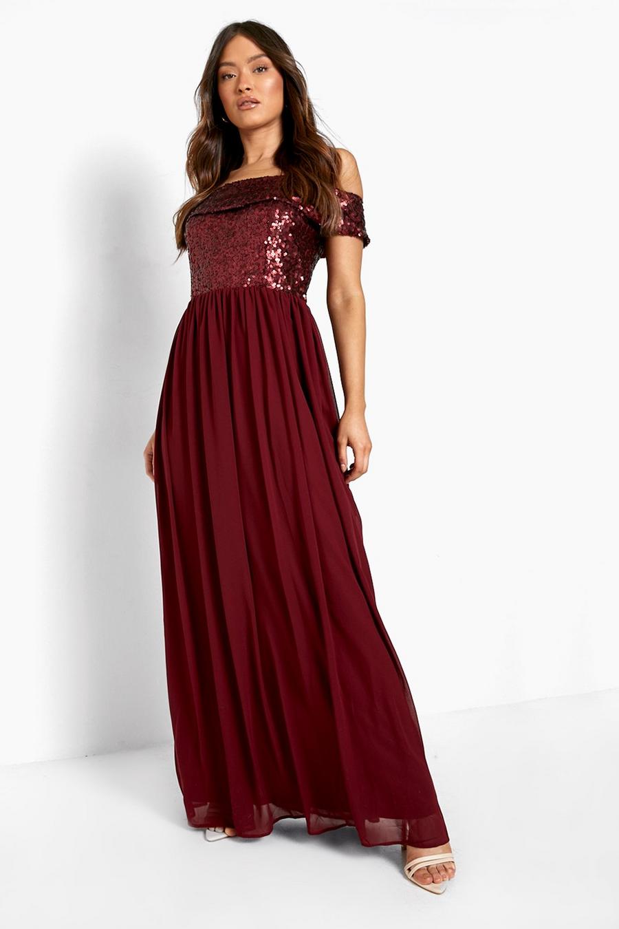 Berry Bridesmaid Occasion Sequin Bardot Maxi Dress image number 1