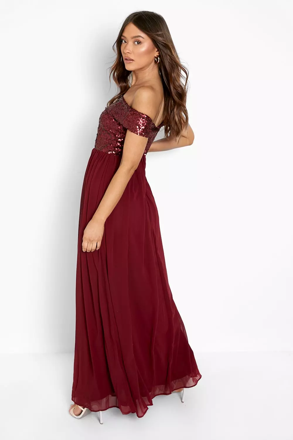 Burgundy bardot hotsell maxi dress