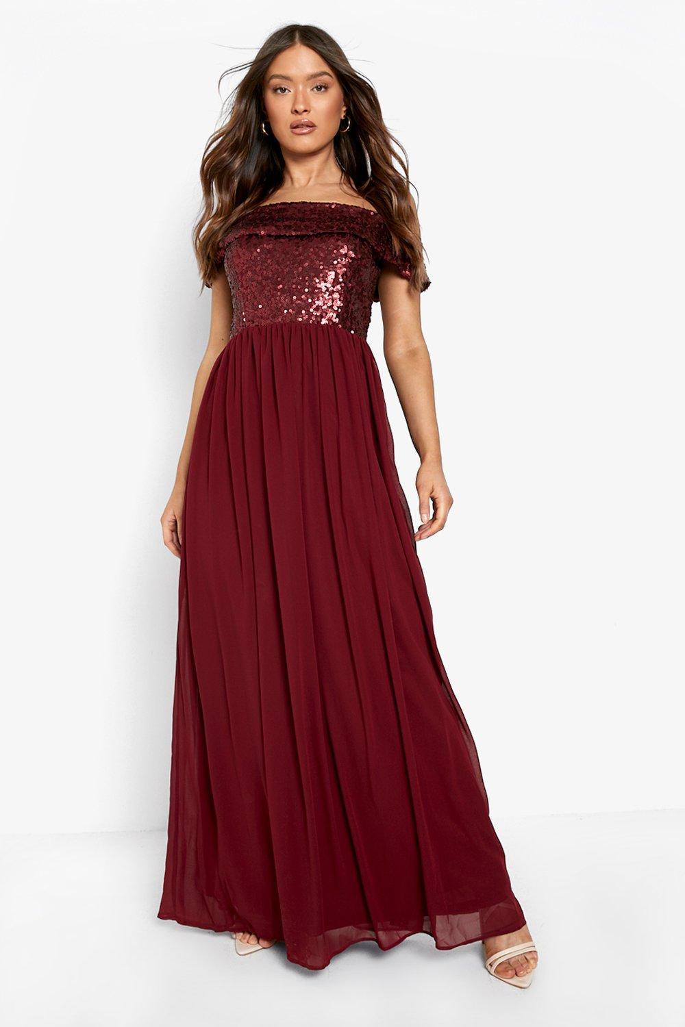 Burgundy bardot bridesmaid outlet dress